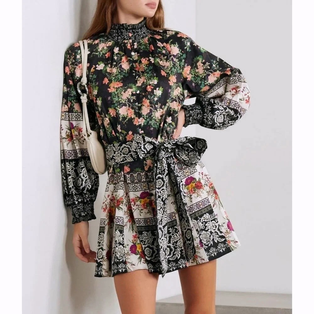 Alice + Olivia Janis Mini Dress Mock Neck Dream Castle Floral Black White 0 - Picture 1 of 16